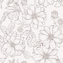 Seamless Pattern With Dahlia Flowers.  Hand-drawn Contour Lines And Strokes.