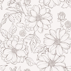 Seamless pattern with dahlia flowers.  Hand-drawn contour lines and strokes.