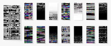 Glitch backgrounds set. Smartphone screen error wallpapers. Digital pixel noise abstract design. Device signal fail. Gadget data decay. Trendy backdrop. Monitor technical problem.