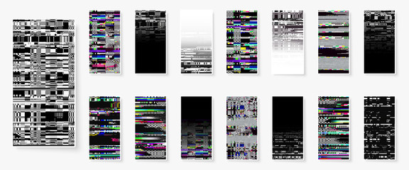 Fototapete - Glitch backgrounds set. Smartphone screen error wallpapers. Digital pixel noise abstract design. Device signal fail. Gadget data decay. Trendy backdrop. Monitor technical problem.