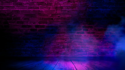 brick wall, neon light, smoke. empty dark background with smoke, multicolored smoke.