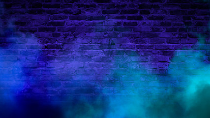 Wall Mural - Brick wall, neon light, smoke. Empty dark background with smoke, multicolored smoke.