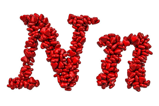 Cursive letter N from red hearts, capital and small letters. 3D rendering