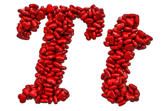 Cursive letter T from red hearts, capital and small letters. 3D rendering