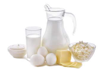 dairy products on white background. milk, cottage cheese, sour cream, cheese, butter, eggs, still li