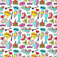 Wall Mural - Fashion patch badges with lips, hearts, speech bubbles,mermaid, unicorn, shoe, palette, brush, girl, bunny. Vector colorful pattern . Set of stickers, pins, patches in cartoon 80s-90s comic style.