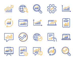 Aufkleber - Analytics, Statistics line icons. Set of Chart, Report document and Graph icons. Data analytics, Presentation chart and Communication. Global Statistics, hold document and checklist report. Vector