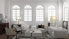 Interior Design Of White Room With Arched Windows In Modern Classic Style.