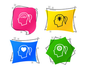 Wall Mural - Head with brain and idea lamp bulb icons. Female woman think symbols. Cogwheel gears signs. Love heart. Geometric colorful tags. Banners with flat icons. Trendy design. Vector