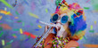canvas print picture - Junge Frau beim Karneval mit Tröte und Konfetti und Kostum