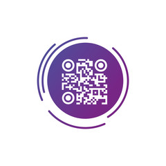 Wall Mural - Qr code sign icon in purple gradient futuristic circle. Scan code symbol. vector illustration isolated on white background.