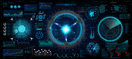 Wall Mural - Innovation system, HUD UI elements collection. Futuristic User Interface (data, charts, gadgets, app elements, dashboard, earth map, hologram, radars) HUD elements set. Vector collection