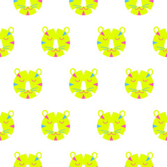 Cute tiger heads on white seamless background. Fabric green neon design for kids clothing. Bright fun cartoon style wild cats wallpaper print.