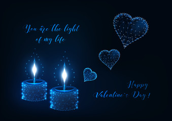 Valentines day greeting card with two burning candles and flying hearts and text