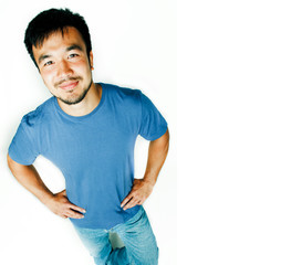 young cute asian man on white background gesturing emotional, po