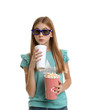 Emotional teenage girl with 3D glasses, popcorn and beverage during cinema show on white background