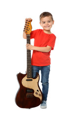 Canvas Print - Little boy with electric guitar on white background