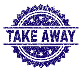 Wall Mural - TAKE AWAY stamp seal watermark with distress style. Blue vector rubber print of TAKE AWAY text with retro texture.