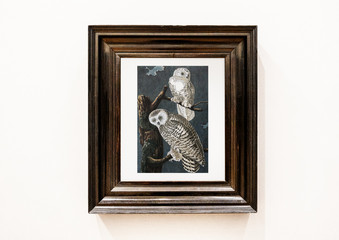 Wall Mural - Painting of owls in a wooden frame