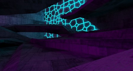 Abstract  Concrete Futuristic Sci-Fi interior With Pink And Blue Glowing Neon Tubes . 3D illustration and rendering.