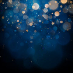 Blurred bokeh light on dark blue background. Christmas and New Year holidays template. Abstract glitter defocused blinking stars and sparks. EPS 10