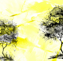 Watercolor Banner, Logo, Postcard. Black Silhouette Of The Tree, Bush, Poplar, Maple. Watercolor Landscape, Yellow Splash Of Paint, Abstract Spots, Beautiful Drawing. Yellow Black Splash Of Paint
