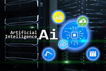 AI, Artificial intelligence, automation and modern information technology concept on virtual screen.