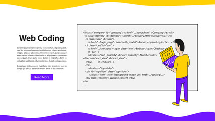 Web coding landing page vector illustration. Programmer with laptop and html code webpage template.