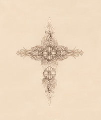 Poster - ornamental filigrane cross symbol with sacred patterns.