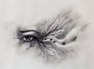 Aufkleber - drawing of female eye with note and feathers.