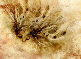 Aufkleber - composition of feathers, notes and note lines, music theme with ornamental background.