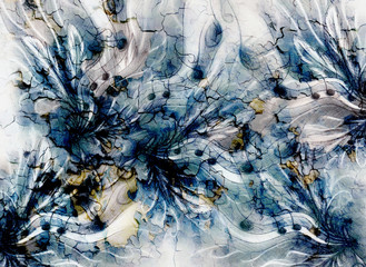 Poster - composition of feathers, notes and note lines, music theme with ornamental background.