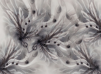 Poster - composition of feathers, notes and note lines, music theme with ornamental background.