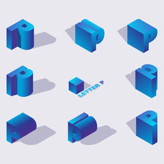 Poster - Vector blue color russian letter Er or R. 3d in isometric style. Design with shadow, abstract colorful type for creative heading, sale banner, for logo