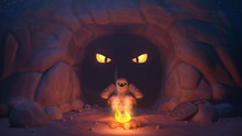 The Knight Is Heated By The Fire, Behind Him In The Dark Cave The Big Yellow Eyes Of A Dragon. Frightened Knight With Wide Eyes, Shield And Sword Are Far Away From Him On The Stone. 3D Rendering.