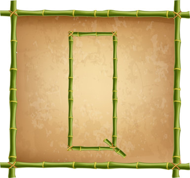 Capital letter Q made of green bamboo sticks on old paper background.