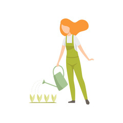 Sticker - Girl watering seedlings with a watering can, people working in the garden, worker growing agricultural products vector Illustration