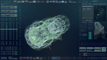 Advance motion graphic futuristic user interface head up display screen with Holographic Machine and digital data telemetry information display for digital background computer desktop display screen