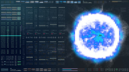 Poster - Futuristic motion graphic user interface head up display screen with digital hologram Nuclear Fusion energy simulator and data telemetry information display for digital background