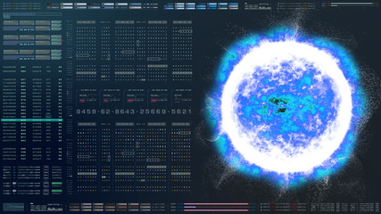 Fototapete - Futuristic motion graphic user interface head up display screen with digital hologram Nuclear Fusion energy simulator and data telemetry information display for digital background