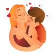 © printstocker - Happy young lovers couple hugging Boyfriend hugs his girlfriend from behind and kisses her on the neck Man and woman first time love and sex vector cartoon flat illustration for Valentine's Day