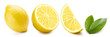 Set of lemons and leaves, isolated on white background