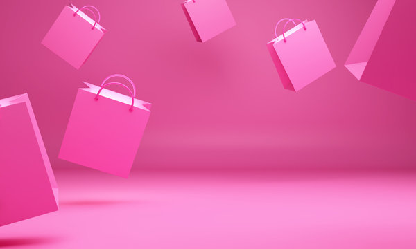 Empty pink shopping bag in the studio lighting, copy space text, Design creative concept for valentine day sale event. 3D rendering illustration.
