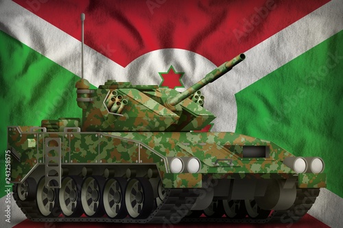 Fotografía light tank apc with summer camouflage on the Burundi national flag background