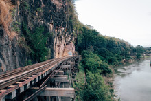 Train Ride​s On Burma​ Railway​(The Death​-Railway)​in Kanchanaburi, Thailand. 