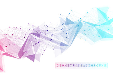 Geometric abstract background with connected line and dots. Network and connection background for your presentation. Graphic polygonal background. Scientific vector illustration