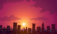 Vector Illustration. Skyscrapers In Big City At Sunset.