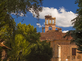 Parque de Soria, España, con edificio viejo y nido de cigüeña.