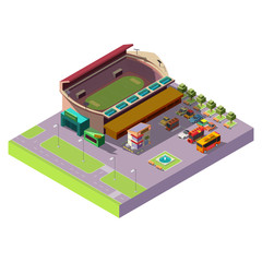 City public isometric stadium with soccer field, athletics race track inside and parking area with cafeteria and fountain outside 3d vector icon isolated on white background. Cartography urban object
