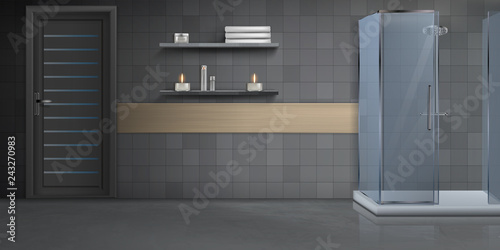 Fotomural Modern bathroom interior design realistic vector mockup with door, marble floor,